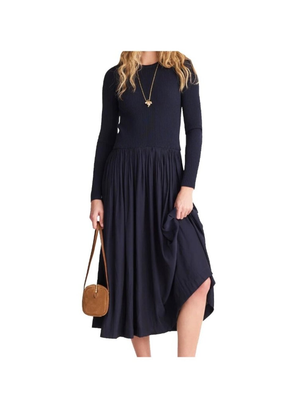 Madewell Ribbed Mixed Media Long Sleeve Midi Dress Classic Navy Size Medium